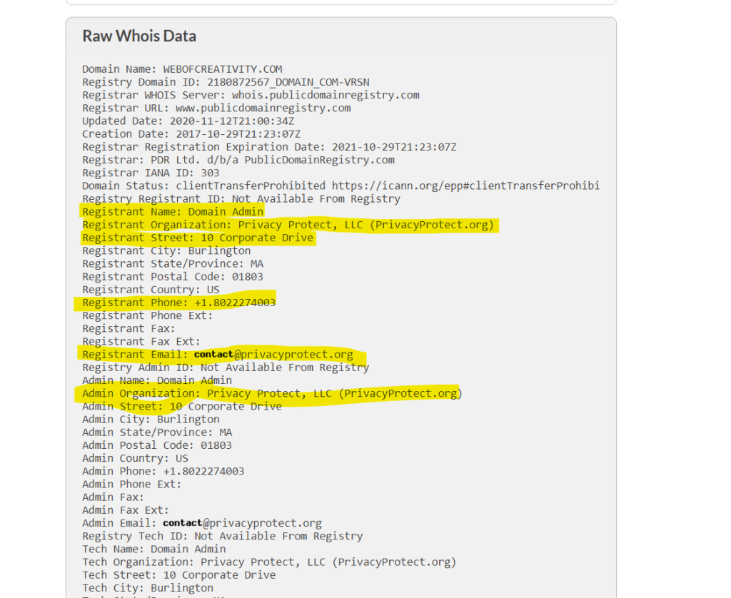 domain whois information with privacy enabled to prevent spam